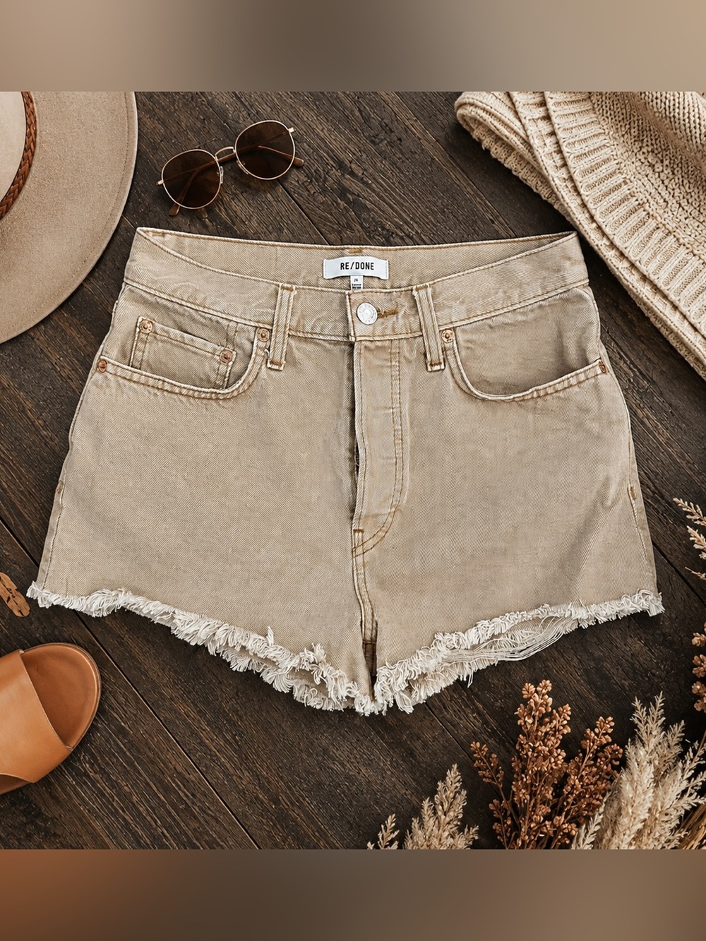 RE/DONE High Rise Raw Hem Denim Shorts Washed Khaki Size 26 REVOLVE